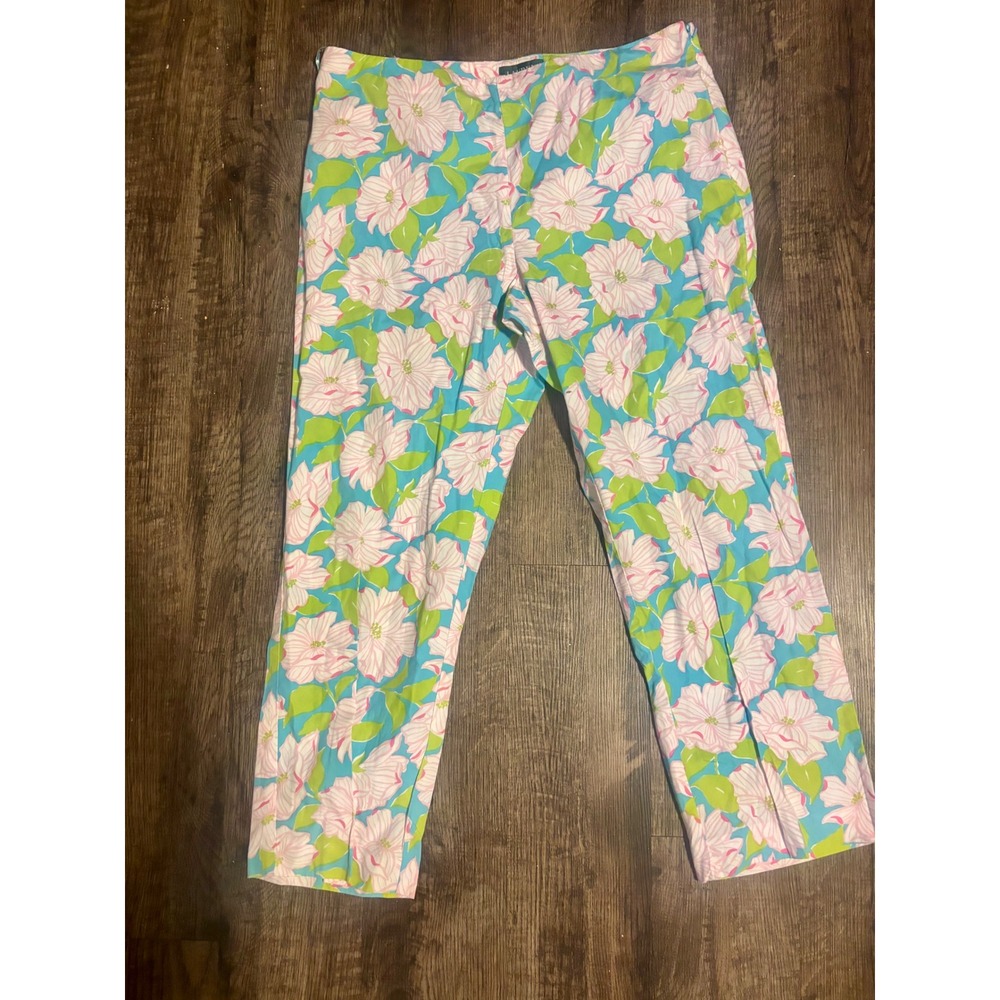 Lauren Ralph Lauren Floral Print Pants Size 14 Blue Pink Green Cotton Side Zip